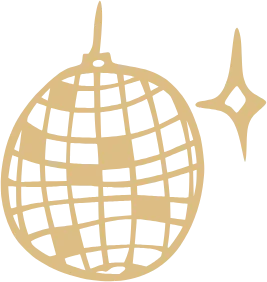 Drawing of a gold disco ball with a sparkle