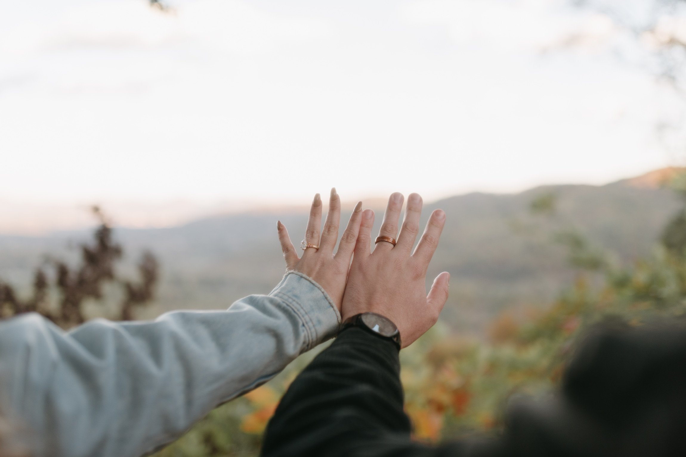Their two hands raised together against the mountains, palms out.