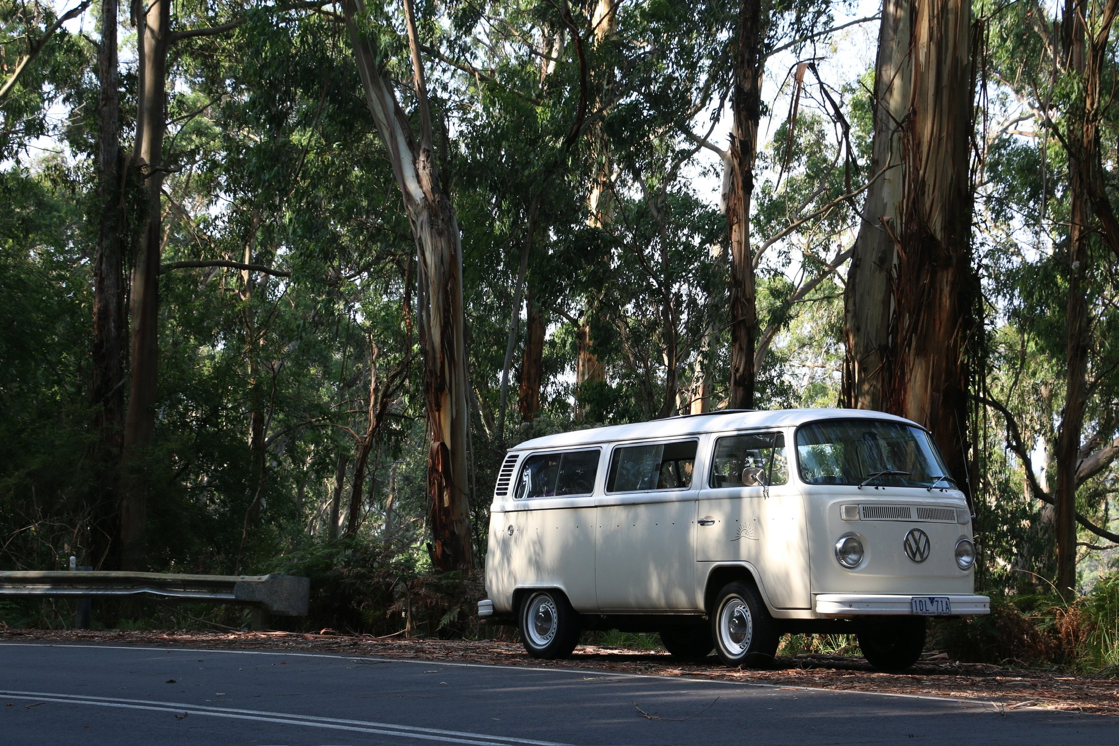 The cream kombi parked on a quiet road beneath tall gum trees.
